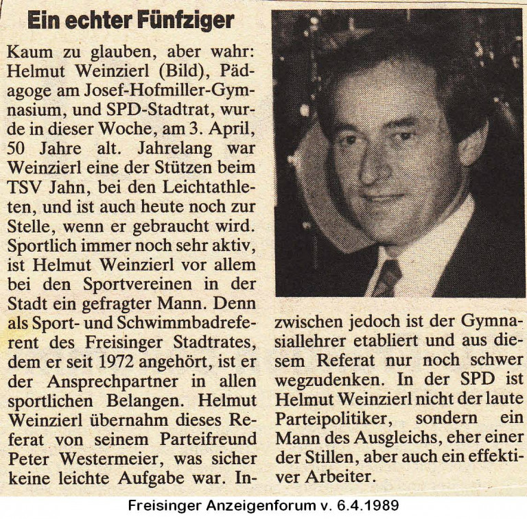 Helmut Weinzierl - Zeitungsartikel von 1989